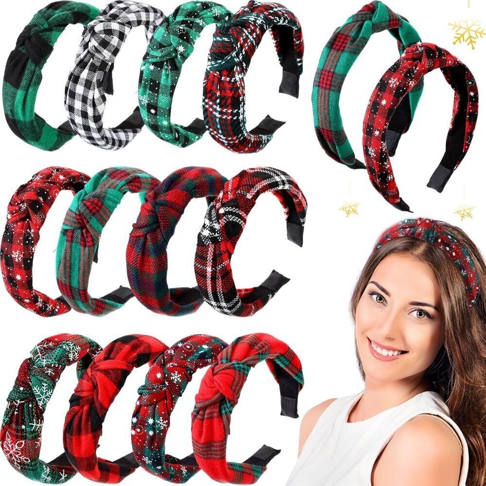 12 Pcs Christmas Knotted Retro Hair Band Snowflake Buffalo Plaid Headband Green